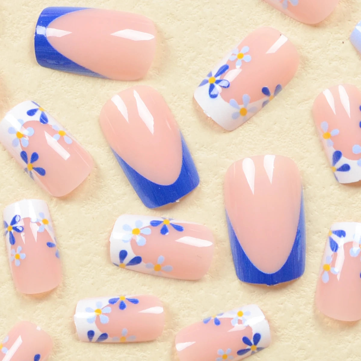 24pcs Set Of Medium Square Press-On Nails - Blue & White French Tip With Cute Floral Design, Glossy Finish - Perfect For Hands