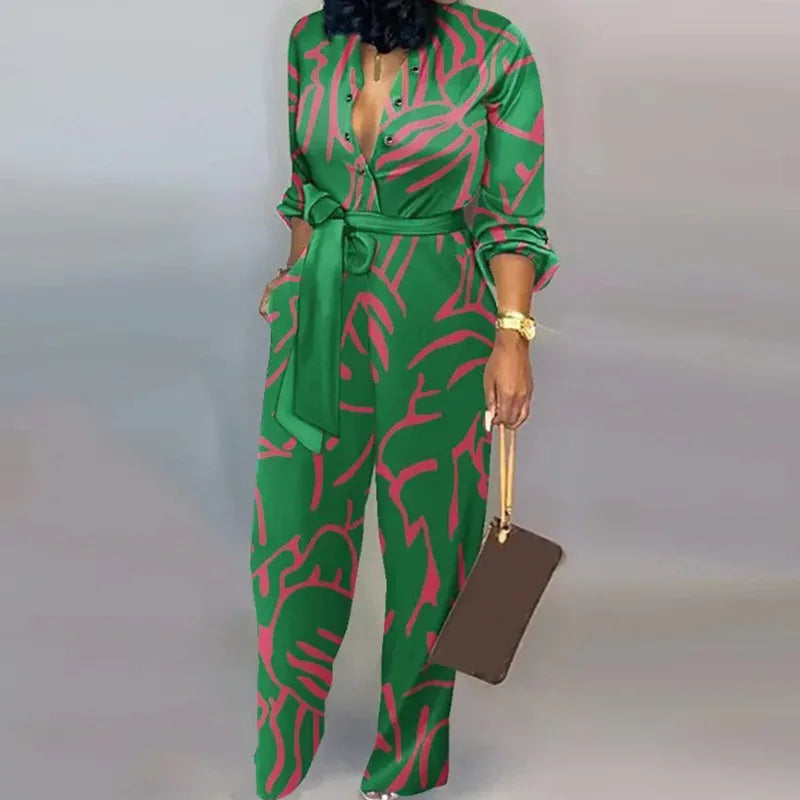 Vintage Button-Up Lace-Up Long Sleeve Jumpsuit