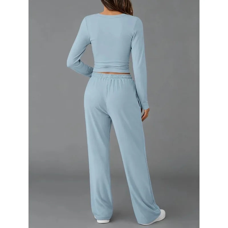 Women's Clothing European American Fashion Casual Sports Autumn Winter Solid Color Drawstring Long-sleeved Suit Pant Sets