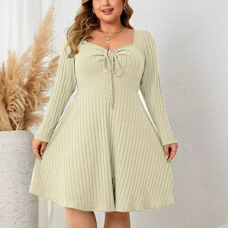 Women Plus Size Dress Fashion Solid Know Lace Up Knitted Sweater Dress Women Casual Solid Party Dress Green Black Gray
