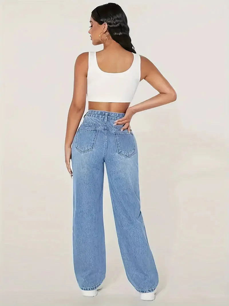 High-Waist Wide-Leg Washed Jeans – Ripped Casual Floor-Length Style