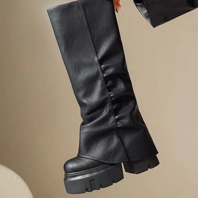 Women Long Boots Platform High Heels Shoes Knee High Boots 2025 Winter Trend Motorcycle Boots Leather Shoes Mujer Chelsea Botas
