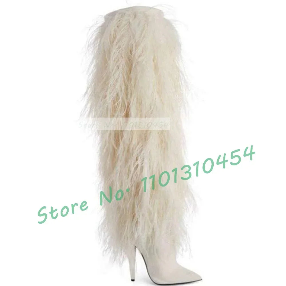 Black Fur Knee-length Boots Women Sexy Pointy Toe High Heels Furry Suede Shoes Outfit Ladies Trendy Party Warmly Winter Shoes