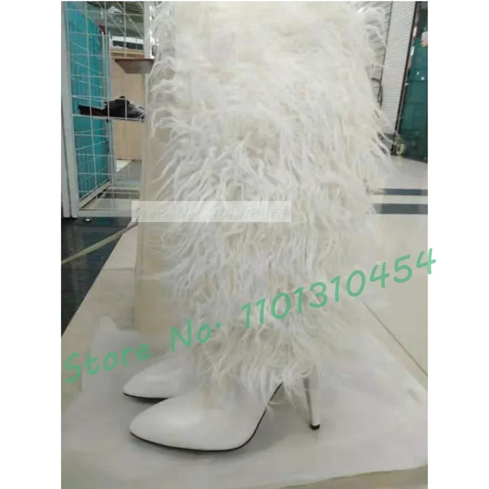 Black Fur Knee-length Boots Women Sexy Pointy Toe High Heels Furry Suede Shoes Outfit Ladies Trendy Party Warmly Winter Shoes