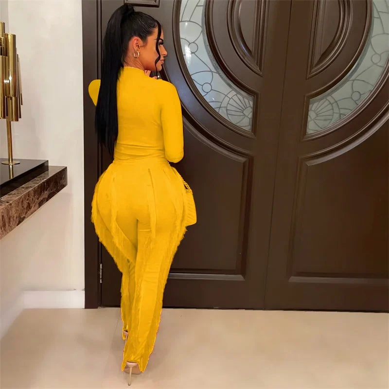 Elegant 2 Piece Sets Women Outfit 2024 Autumn Winter Long Sleeve Bodysuit Top and Tassel Pants Matching Sets Conjuntos Femininos