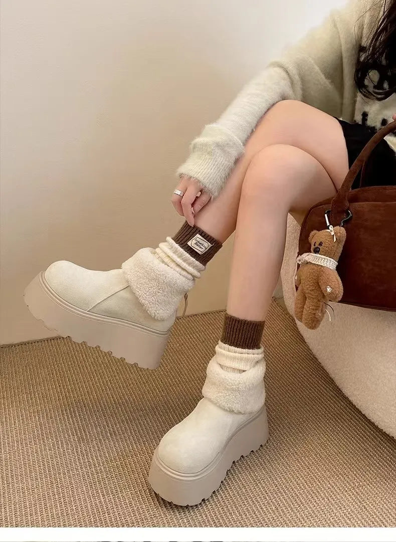 fashion new versatile fur thick soled short boots snow boots for women with added velvet and thick sponge bottom cotton shoes
