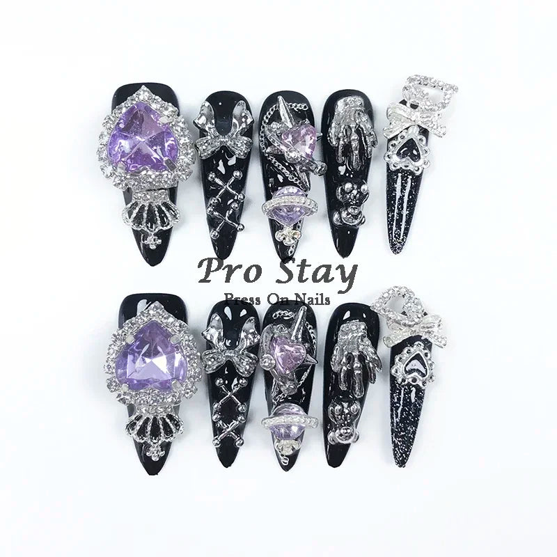 10pcs black Handmade Press On Nails With Purple Large Diamonds and Metal Decoration Y2k Hot Girls Wearable Artificial False Nail