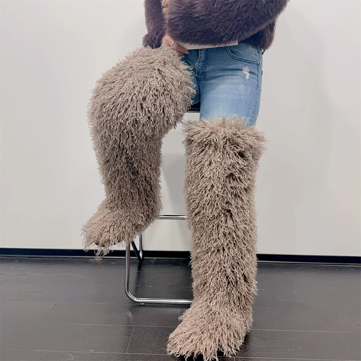 Over The Knee  Thigh High Mongolian Fur Boots Faux Tall Boots for Women