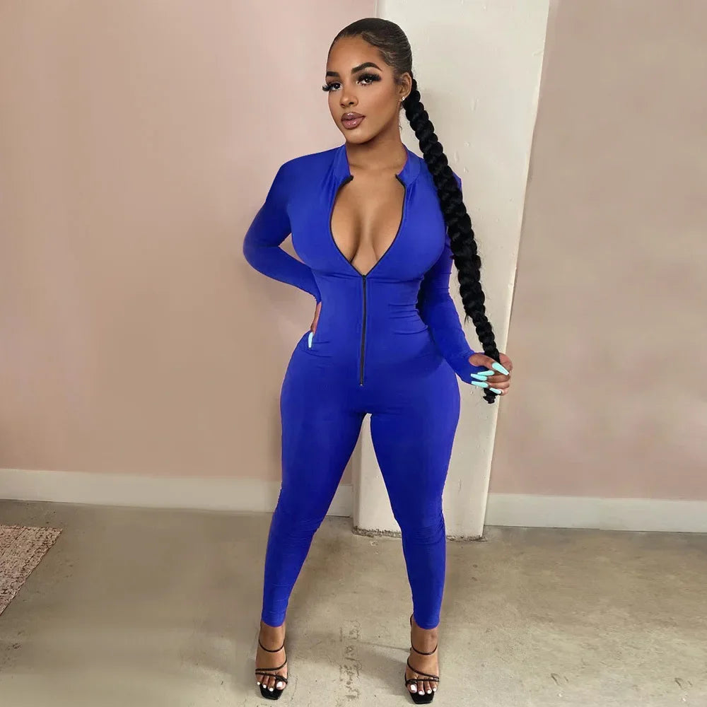 Deep V Zip-Up Bodycon Jumpsuit