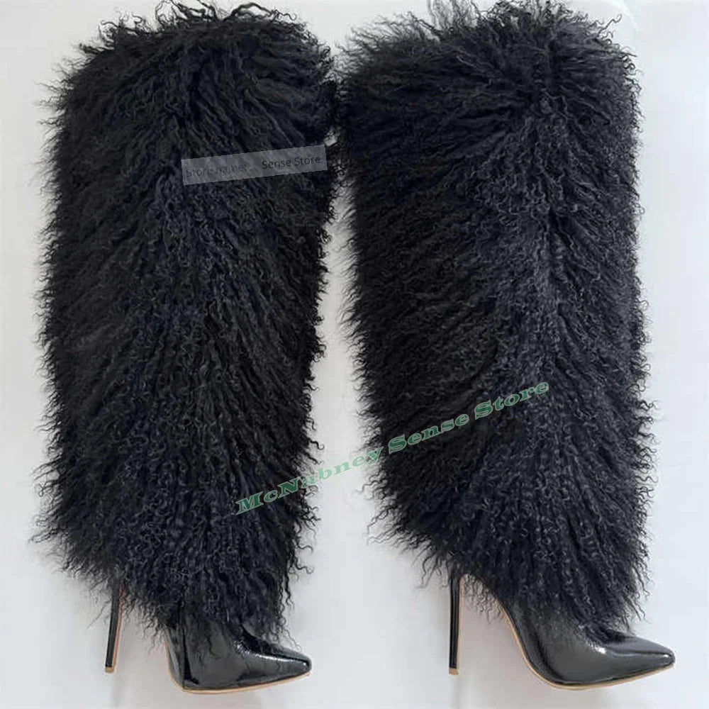 Fur Warm Knee High Boots Pointy Toe Stiletto Heels Solid Boots Women Sexy Shoes Winter Party Designer New Style Shoes Slip On