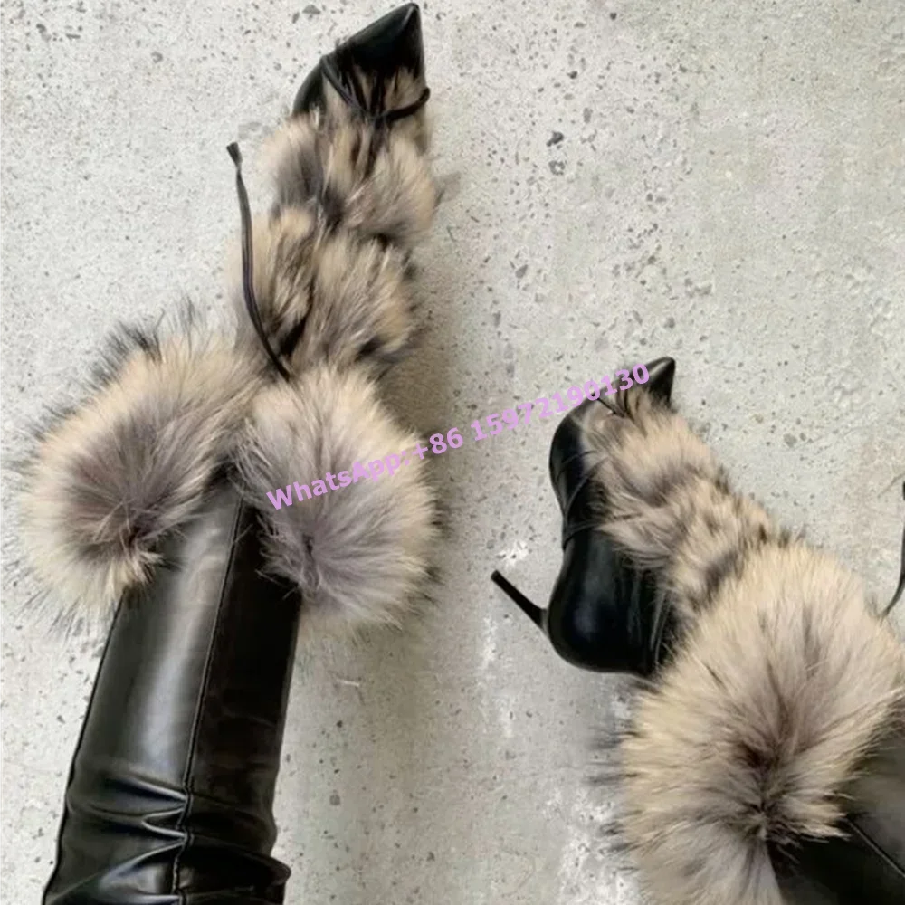 Soft Furry Winter Boots Black Brown Warm Pointy Toe Lace Up Luxury Mid Calf Boots Sexy Fashion Runway Leather Hotties Shoes