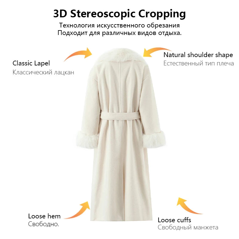 Women's elegant cream-colored long wool coat with faux fur collar and cuffs, featuring a self-tie belt for a stylish winter look