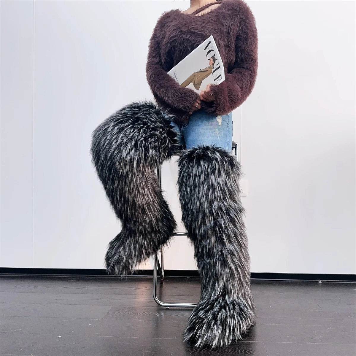 Over The Knee  Thigh High Mongolian Fur Boots Faux Tall Boots for Women