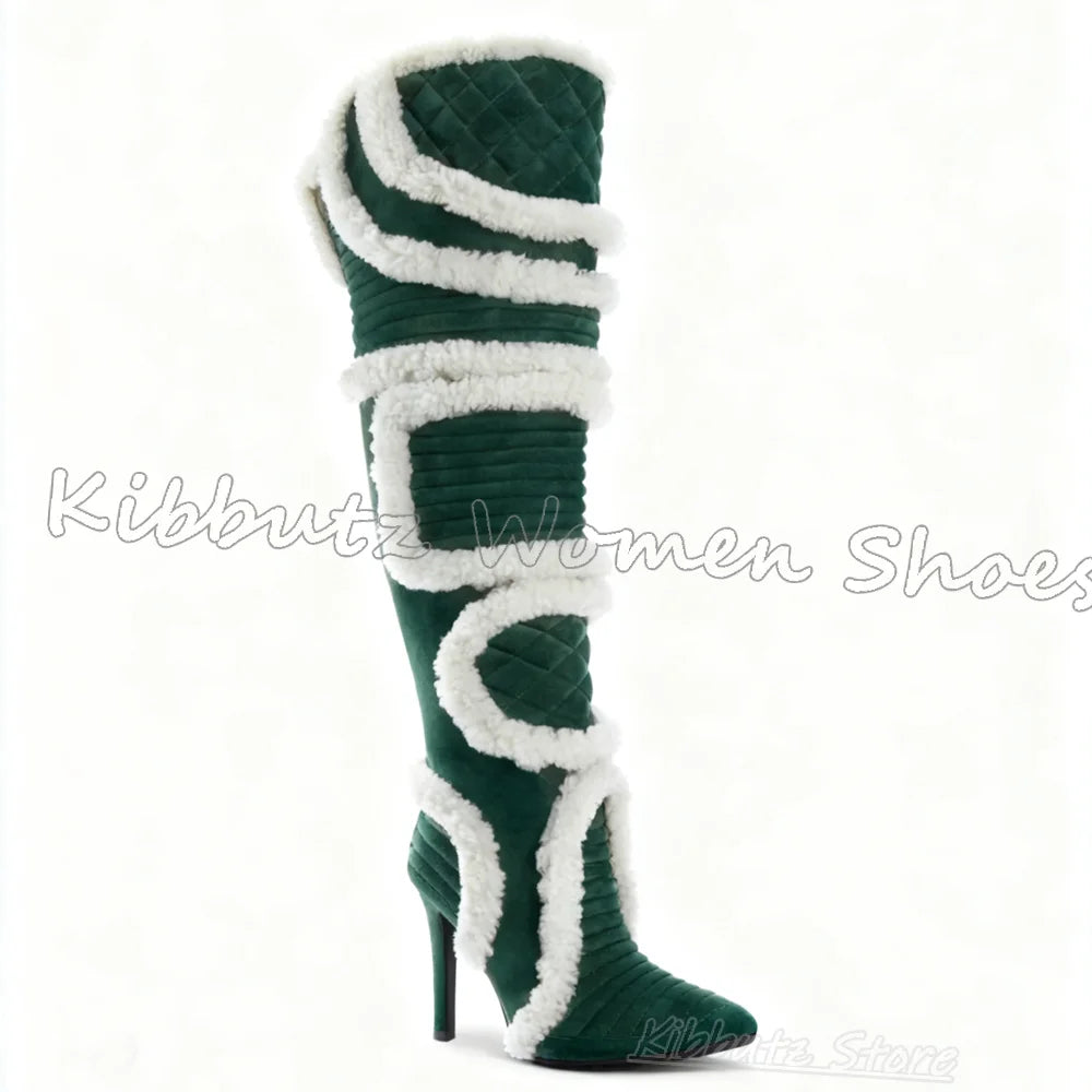 Furry Over The Knee Boots Patchwork Suede Mixed Color Novelty Fashion Luxury Elegant Concise Sexy Pointed Toe Thin Heels Newest