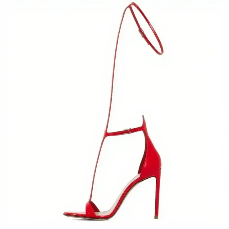 Black T- Strap Cover Heel Sandals Sexy Pointed Toe Matten Leather Ankle Buckle Strap New Arrivals Fashion Women Shoes