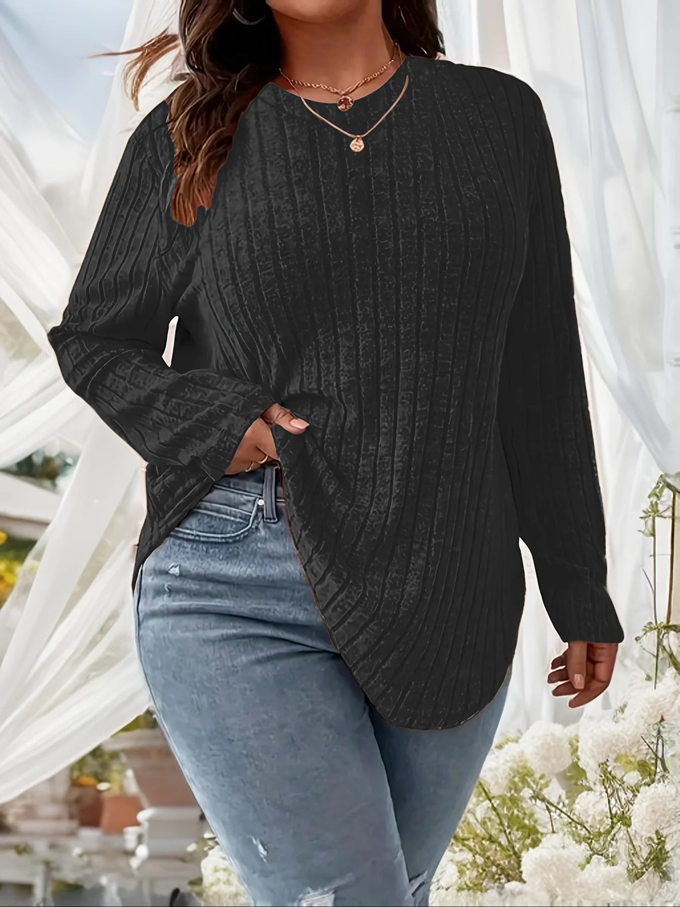 Plus Size Solid Color Long Sleeve Brushed Tee